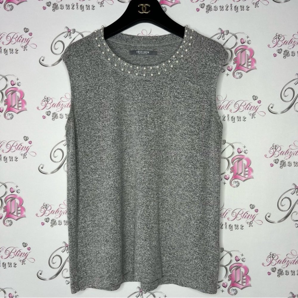 Coin 1804 tank top pearl neckline Heathered grey white mockneck blouse luxe